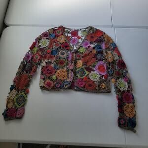 Marisa Christina Cardigan Sweater Medium Multicolor Crochet Floral Boho Fairy